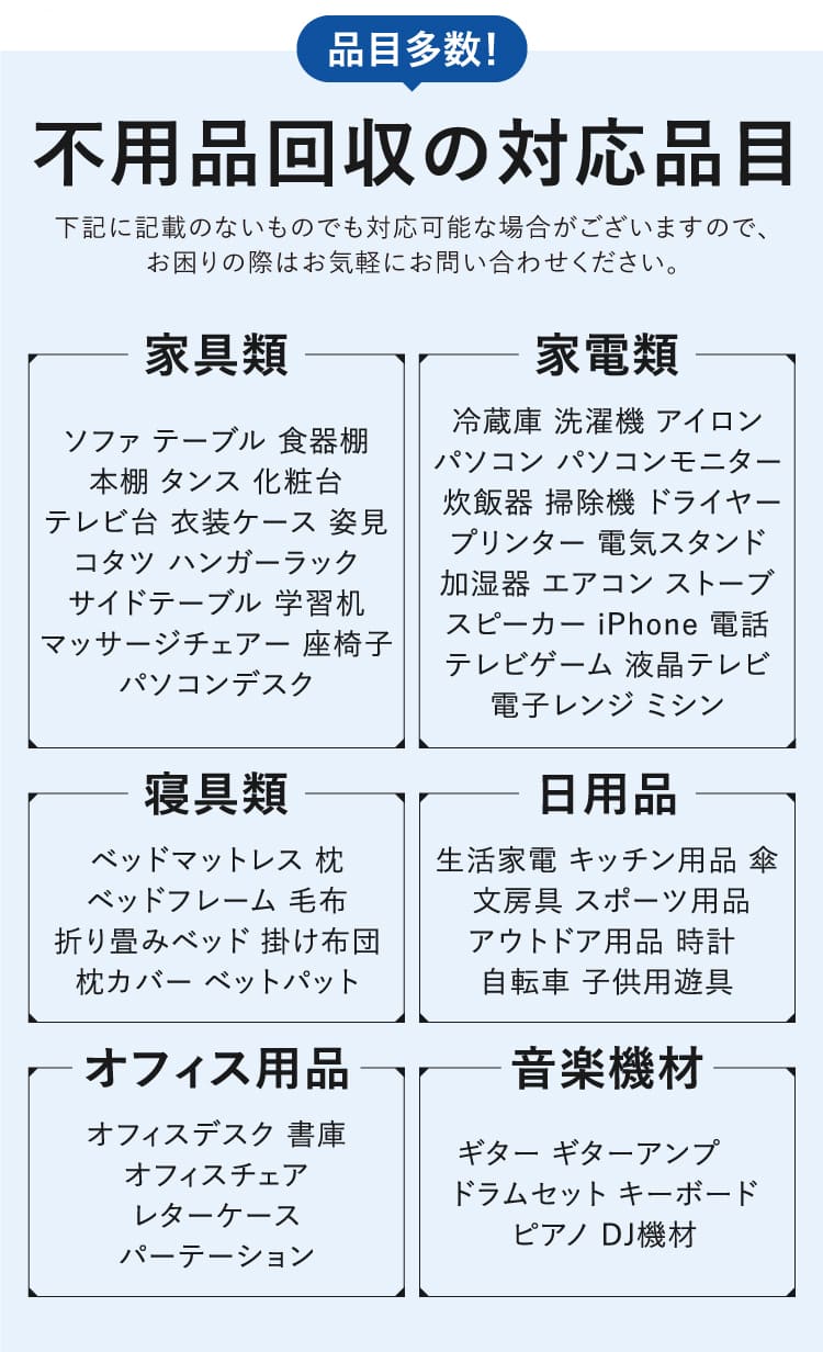 不用品回収の対応品目